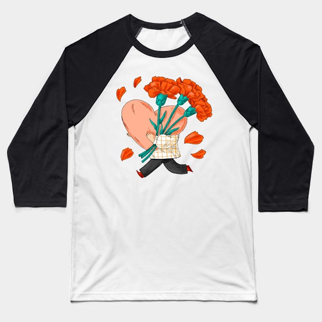 Hand Drawn Heart Flower Carrier Baseball T-Shirt by Mako Design 